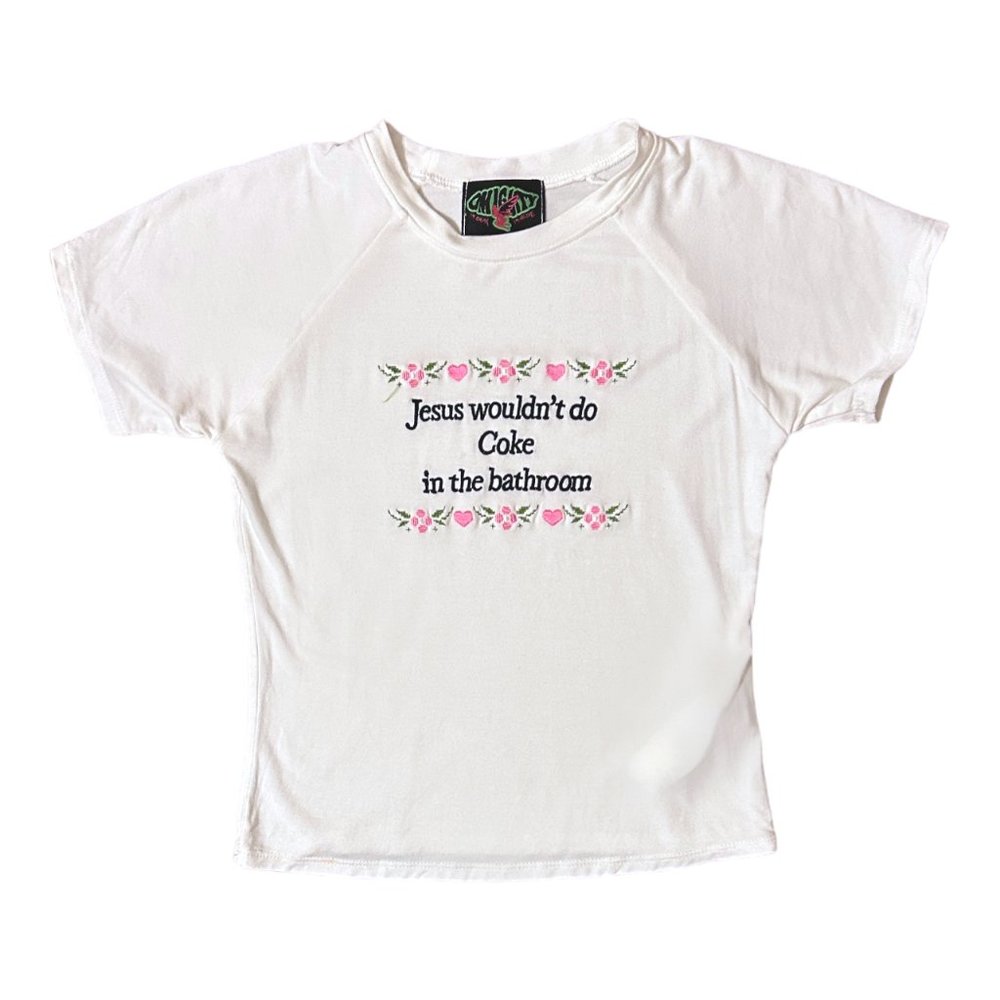 o Mighty Y2K Baby Tee Jesus Coke Graphic
